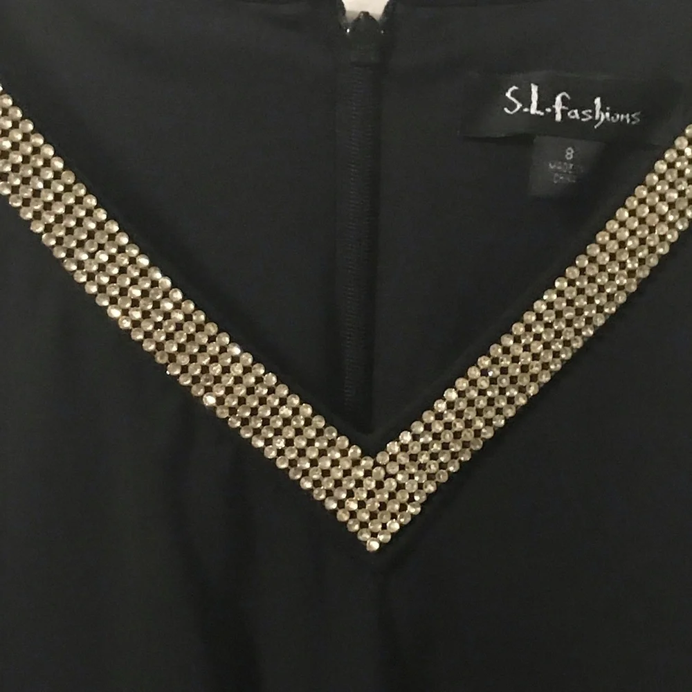 S.L.FASHION Black Tiered Ruffle Sleeveless Dress with Rhinestone Bling Detail - Picture 2 of 6